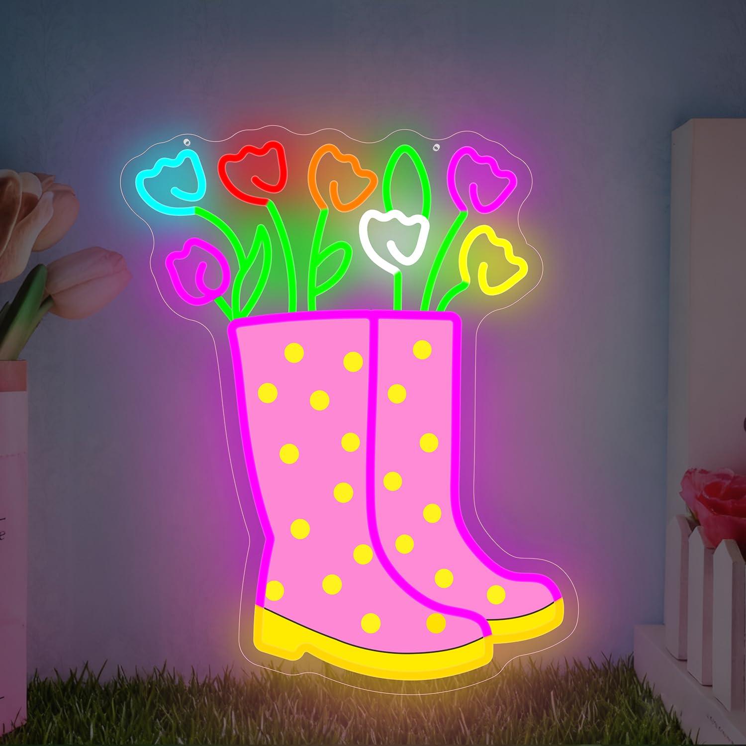 Neon Sign Party - Spring Tulips Rain Boots Neon Sign